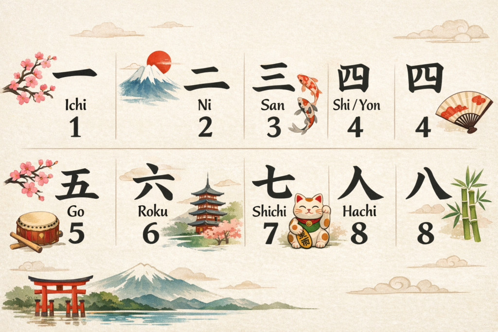 Zahlen von eins bis acht auf japanisch